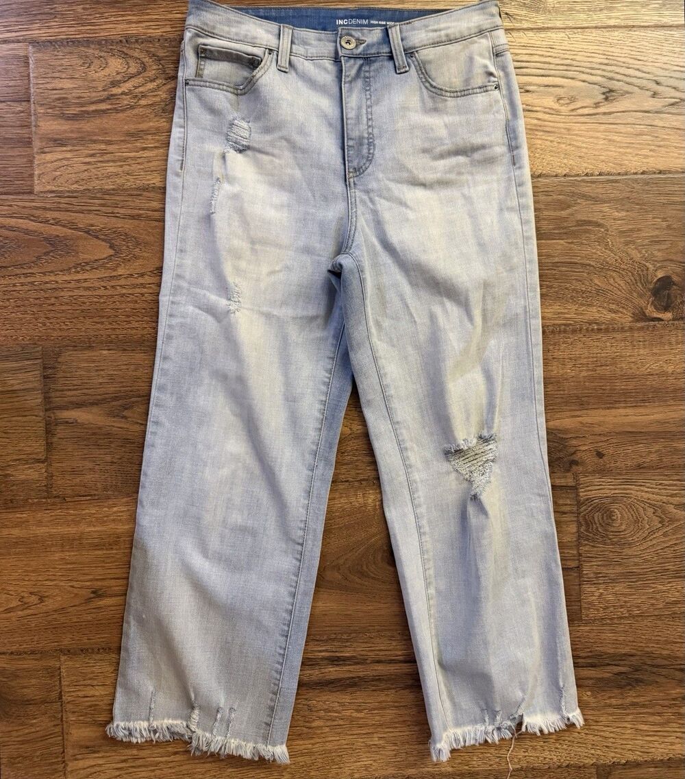 INC Denim High Rise Wide Leg Crop Jeans Light Wash Distressed Frayed Hem 6/28